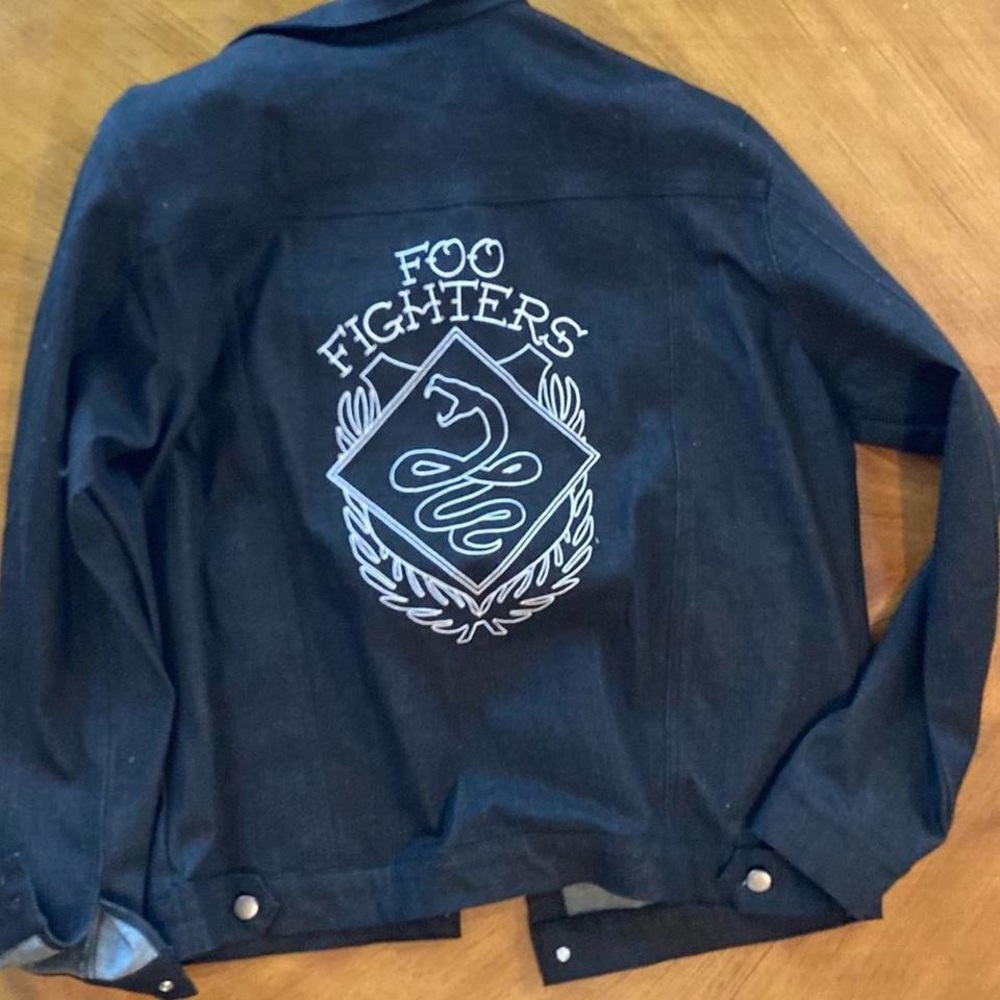 Foo Fighters moto jean jacket with snake embroidery